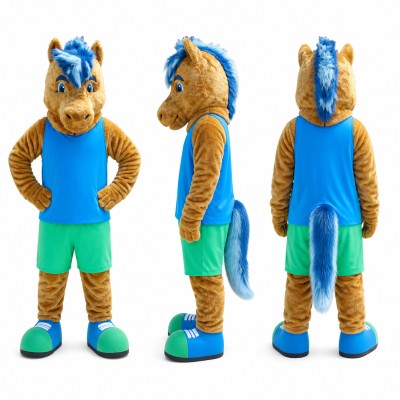 Horse Mascot Costume in Brown with Cyan Shirt Adult