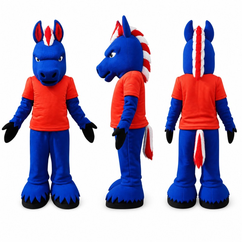 Horse Mascot Costume in Blue with Red Shirt Adult