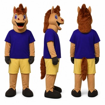 Horse Mascot Costume in Brown with Purple Shirt Adult