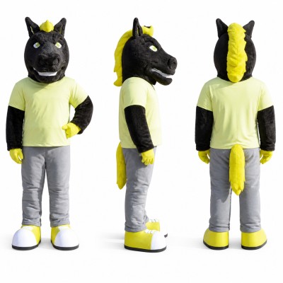 Horse Mascot Costume in Black with Neon Yellow Shirt Adult