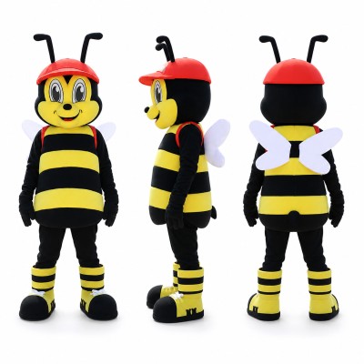 Bee Mascot Costume in Yellow and Black with Red Cap Adult