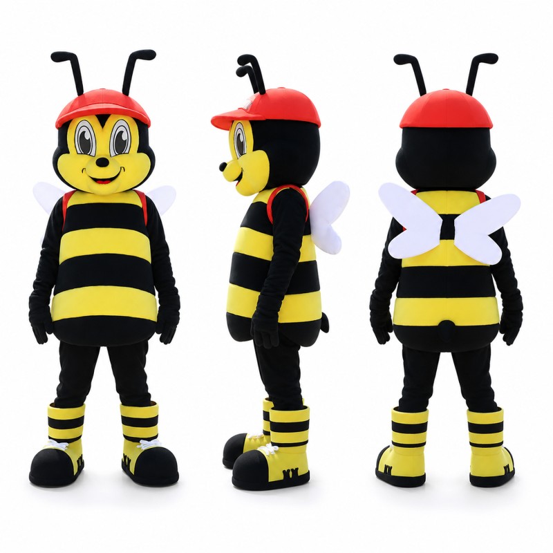 Bee Mascot Costume in Yellow and Black with Red Cap Adult