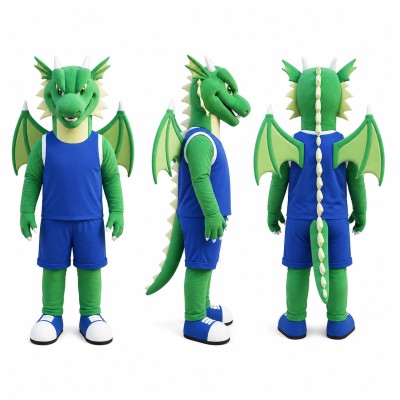Dragon Athlete Mascot Costume in Green with Blue Uniform Adult