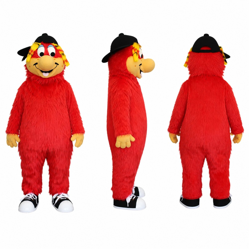 Furry Monster Mascot Costume in Red with Black Hat Adult Furry Monster Mascot Costume in Red with Black Hat Adult
