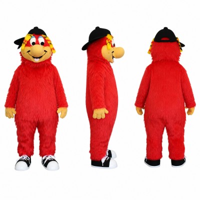 Furry Monster Mascot Costume in Red with Black Hat Adult