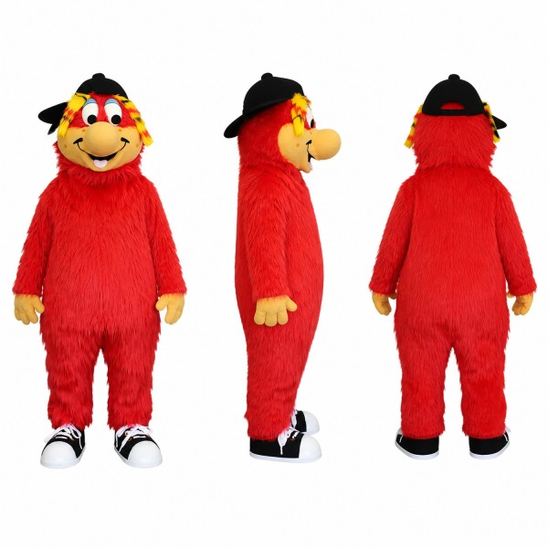 Furry Monster Mascot Costume in Red with Black Hat Adult