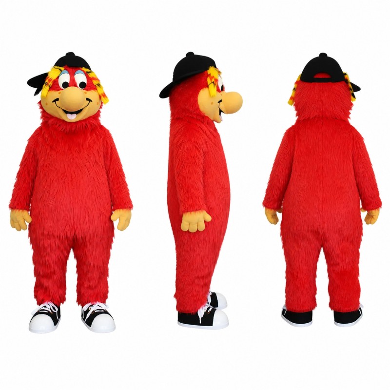 Furry Monster Mascot Costume in Red with Black Hat Adult