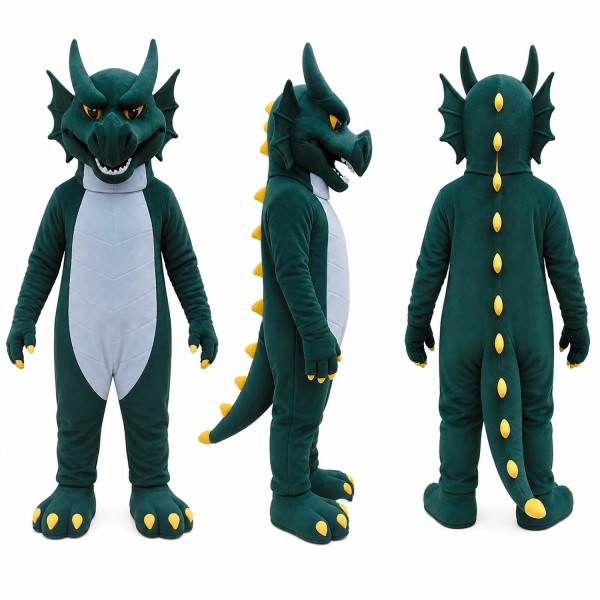 Dragon Mascot Costume in Dark Green with Gray Belly Adult