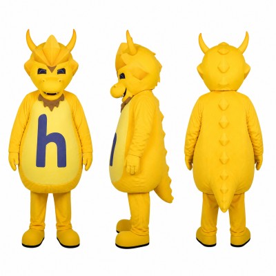 Horned Monster Mascot Costume in Yellow with Blue Letter Detail Adult