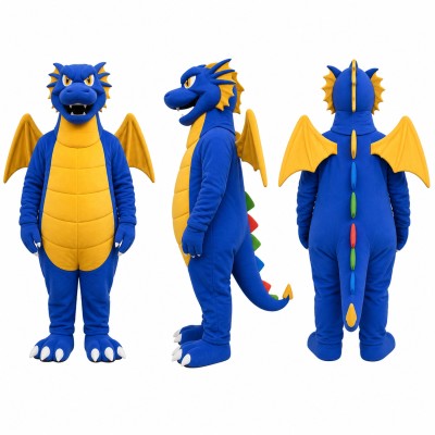 Dragon Mascot Costume in Blue with Orange Belly Adult