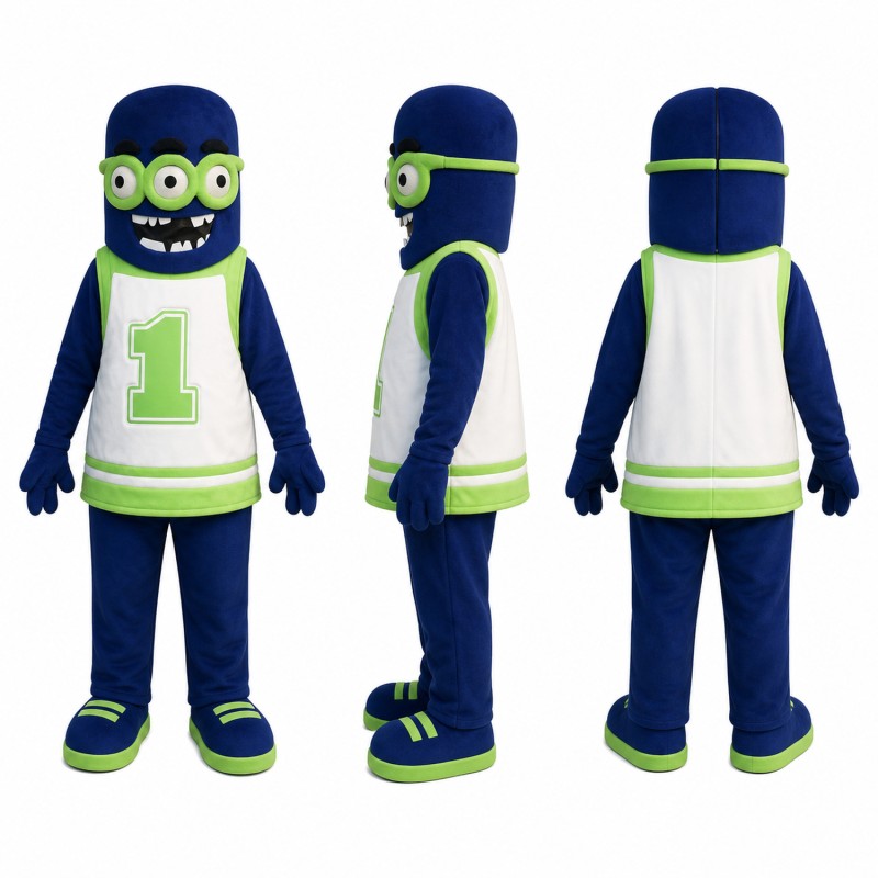 Three Eyed Alien Athlete Mascot Costume in Green and Navy Adult