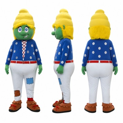 Green Character Mascot Costume with Yellow Knit Hat Adult