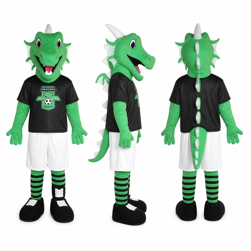 Dragon Athlete Mascot Costume in Green with Black Uniform Adult