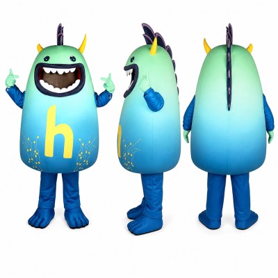 Horned Monster Mascot Costume in Blue with Yellow Letter Detail Adult