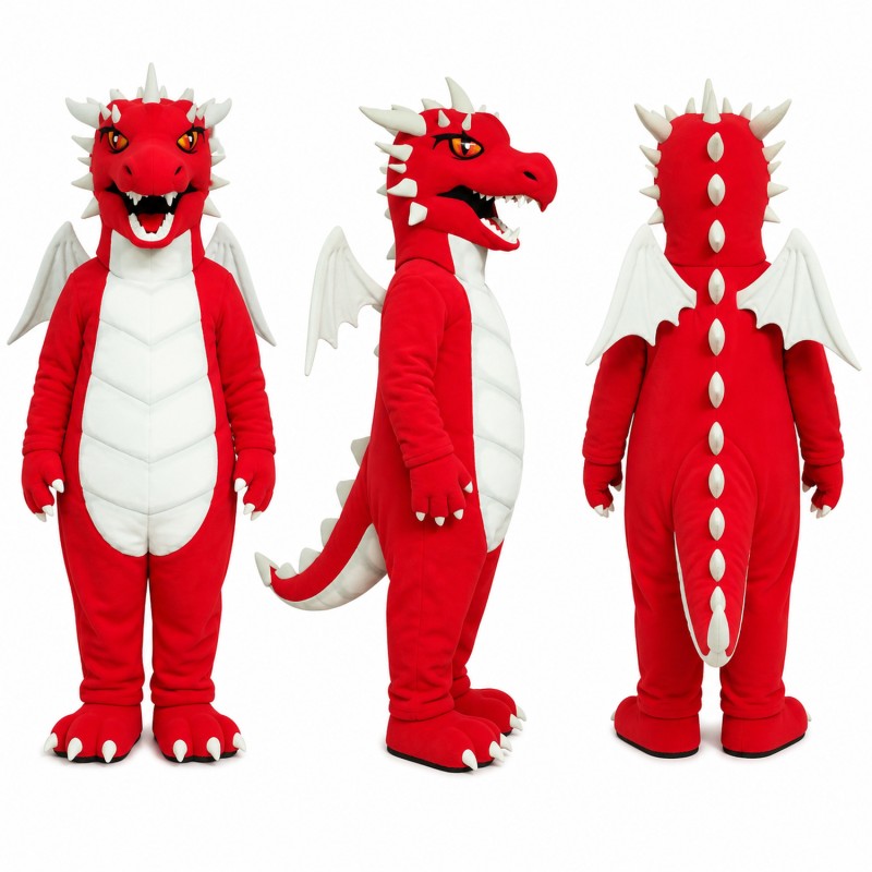 Dragon Mascot Costume in Red with White Belly Adult