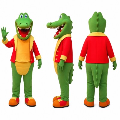 Crocodile Mascot Costume in Green with Red Jacket Adult