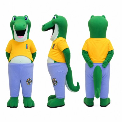 Crocodile Mascot Costume in Green with Yellow Shirt Adult