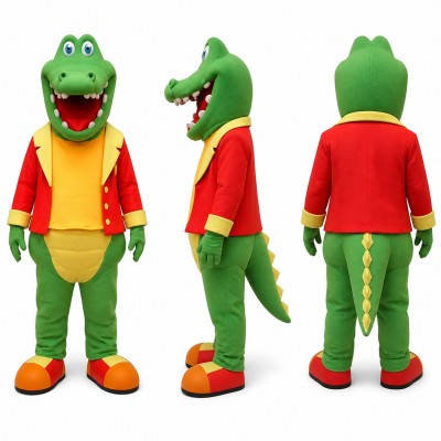 Crocodile Mascot Costume in Green with Red Jacket Adult