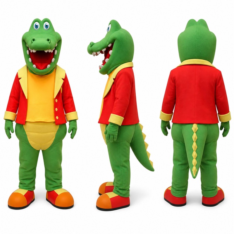 Crocodile Mascot Costume in Green with Red Jacket Adult