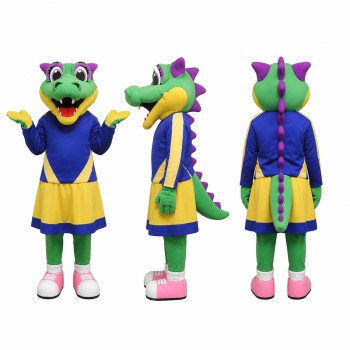 Female Crocodile Mascot Costume in Green with Blue and Yellow Dress Adult
