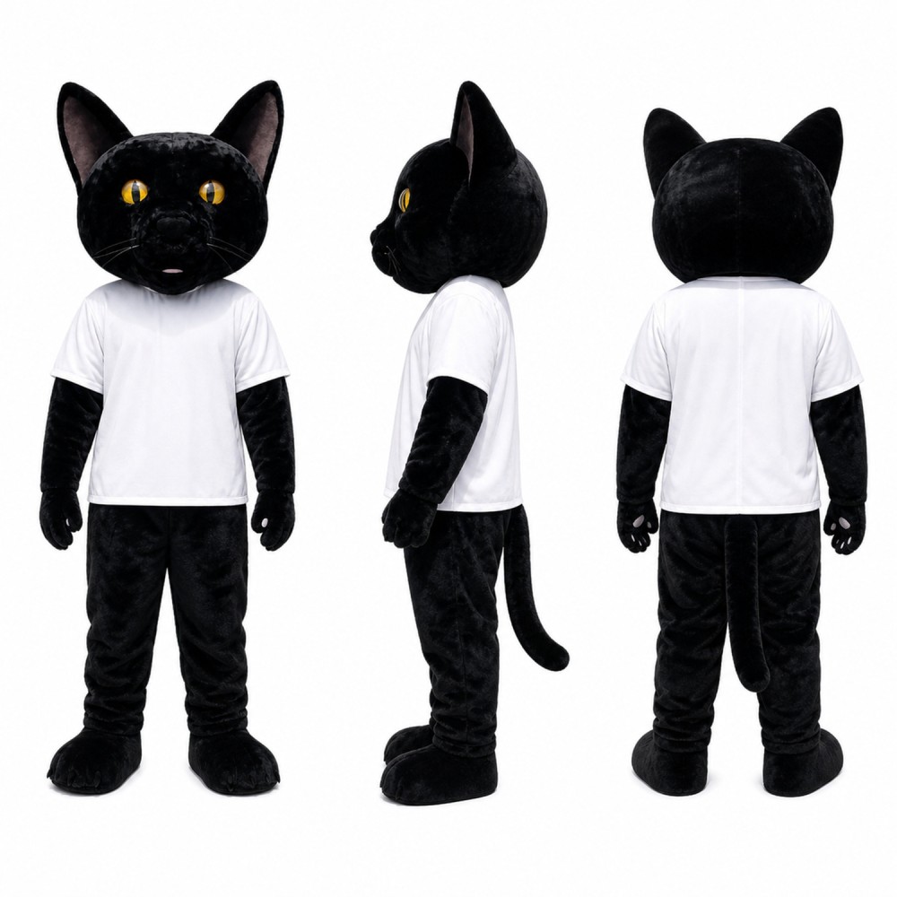 Black Cat Mascot Costume with White Shirt Adult
