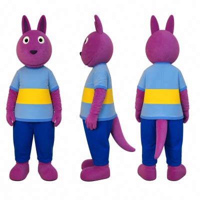 Rabbit Mascot Costume in Purple with Blue Striped Sweater Adult