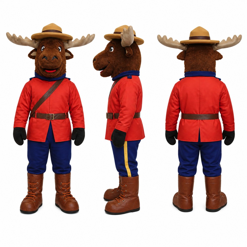 Moose Ranger Mascot Costume in Brown with Red Uniform Adult