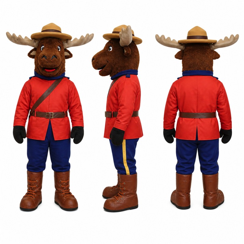 Moose Ranger Mascot Costume in Brown with Red Uniform Adult