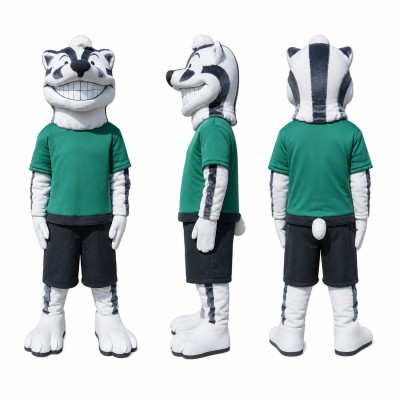 White Badger Mascot Costume with Green Shirt Adult