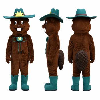 Cowboy Beaver Mascot Costume in Brown with Green Hat Adult