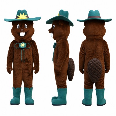 Cowboy Beaver Mascot Costume in Brown with Green Hat Adult