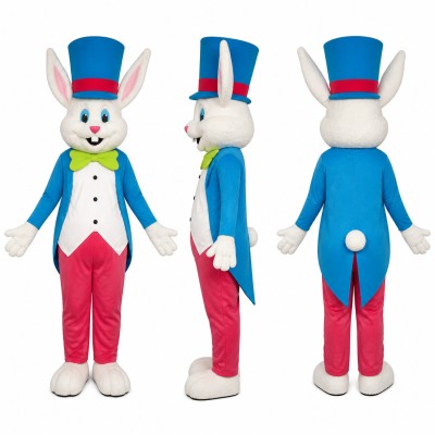 Rabbit Gentleman Mascot Costume in White with Blue Top Hat Adult