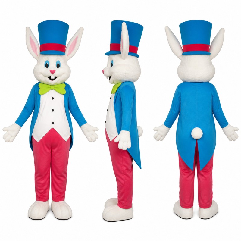 Rabbit Gentleman Mascot Costume in White with Blue Top Hat Adult
