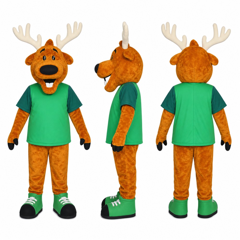 Deer Mascot Costume in Brown with Green Shirt Adult Deer Mascot Costume in Brown with Green Shirt Adult