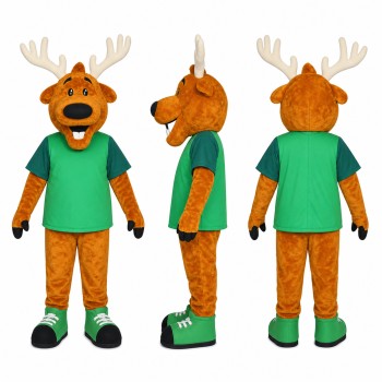 Deer Mascot Costume in Brown with Green Shirt Adult