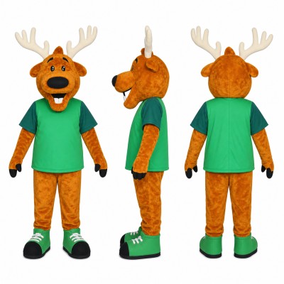 Deer Mascot Costume in Brown with Green Shirt Adult
