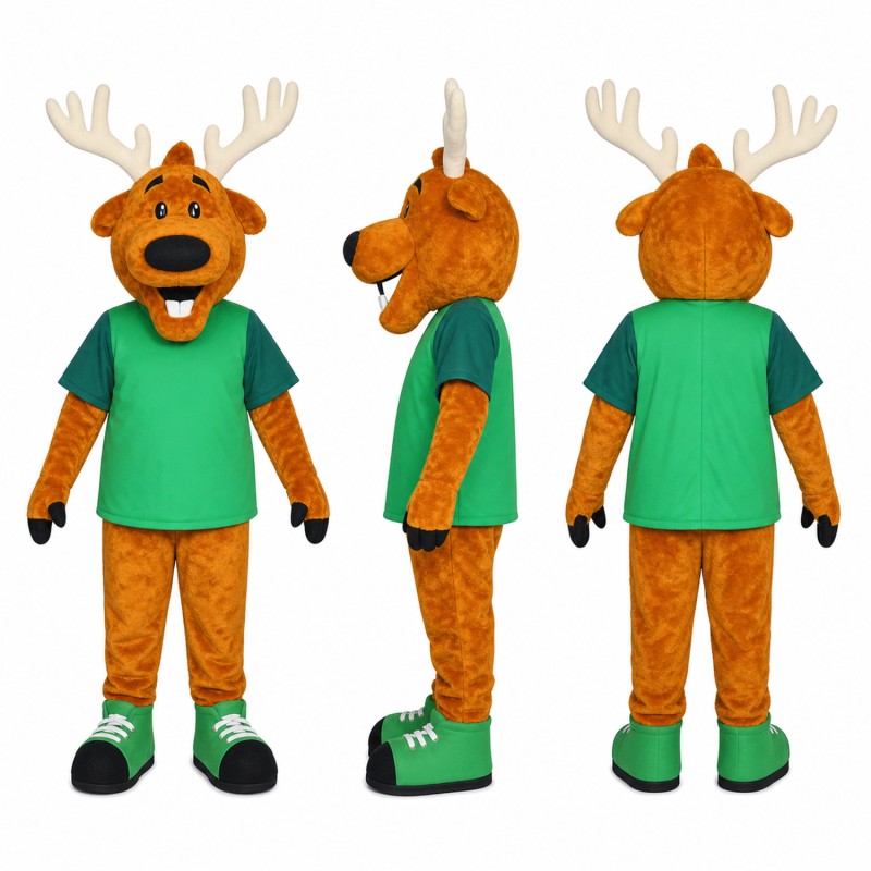 Deer Mascot Costume in Brown with Green Shirt Adult