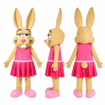Female Rabbit Mascot Costume in Tan with Pink Dress Adult