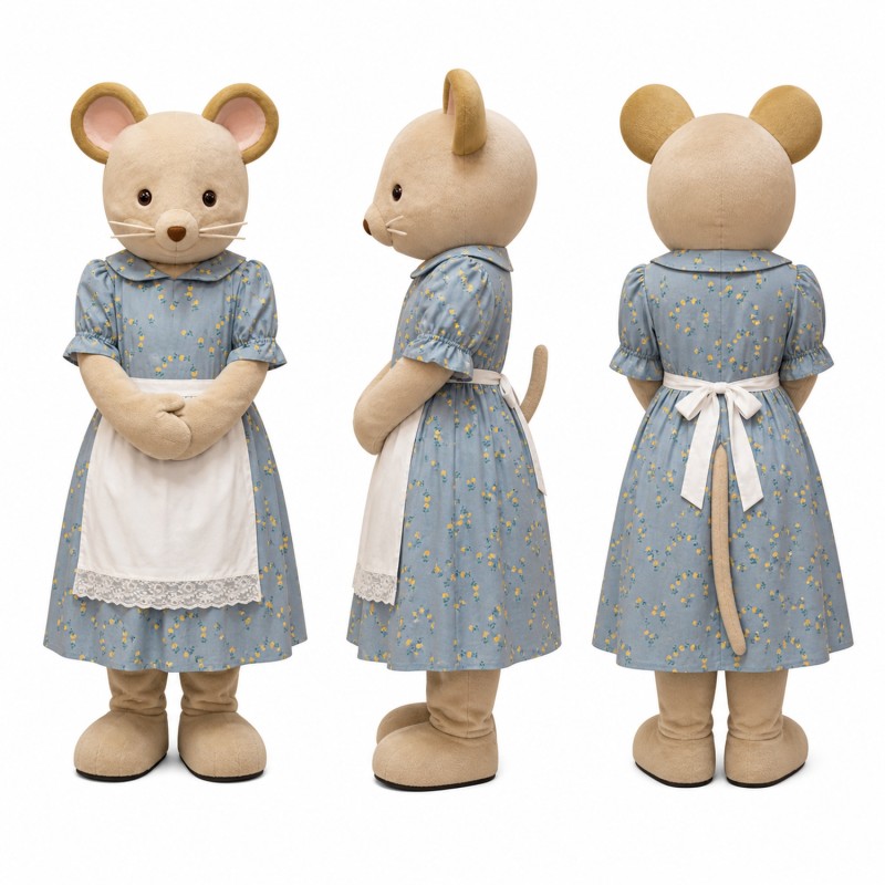 Female Mouse Mascot Costume in Tan with Floral Dress Adult