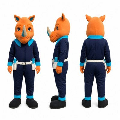 Rhino Mascot Costume in Orange with Navy Outfit Adult