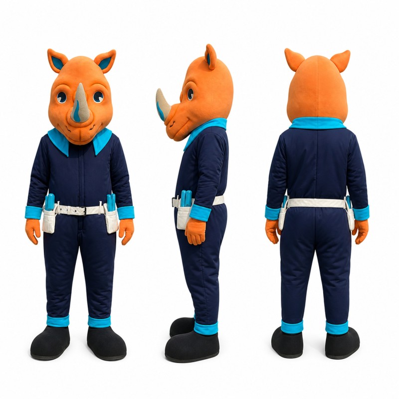 Rhino Mascot Costume in Orange with Navy Outfit Adult