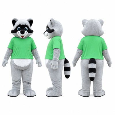 Raccoon Mascot Costume in Gray with Green Shirt Adult