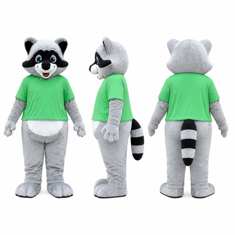 Raccoon Mascot Costume in Gray with Green Shirt Adult