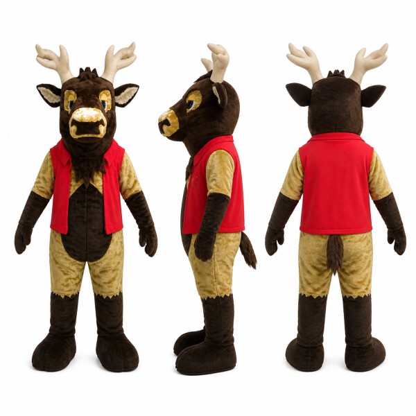Moose Warrior Mascot Costume in Brown with Red Vest Adult
