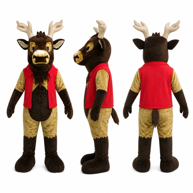 Moose Warrior Mascot Costume in Brown with Red Vest Adult