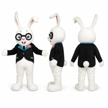 Rabbit Gentleman Mascot Costume in White with Black Tuxedo Adult