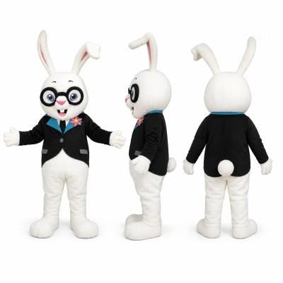 Rabbit Gentleman Mascot Costume in White with Black Tuxedo Adult