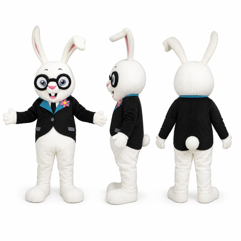 Rabbit Gentleman Mascot Costume in White with Black Tuxedo Adult