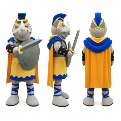 Rhino Knight Mascot Costume in Gray with Blue Cape Adult