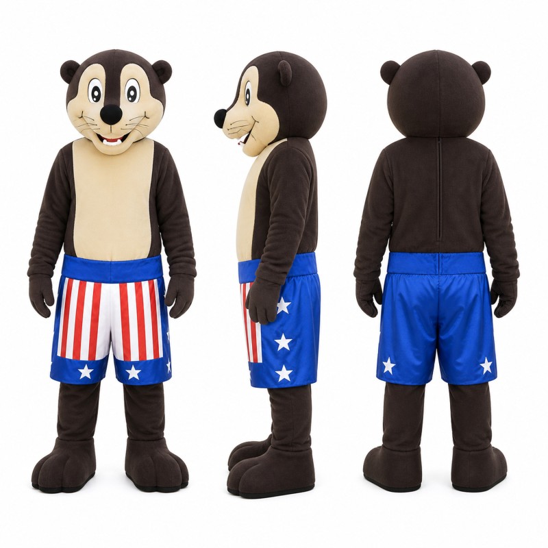 Otter Mascot Costume in Brown with Patriotic Shorts Adult